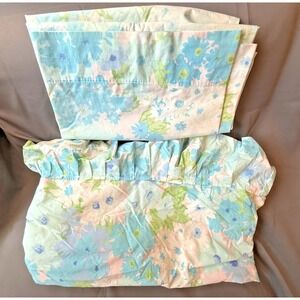 Vtg Fruit of the Loom 1970s Blue Floral Retro Bed Skirt Flat Sheet Full Size Set